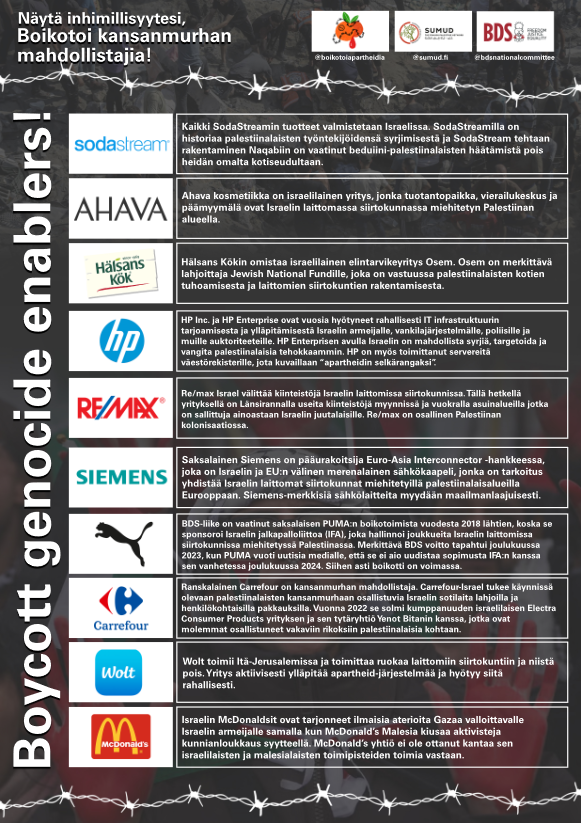 Boycott Sodastream, Wolt, Ahava, Halsans Kok, HP, Siemens, ReMax, Puma, Carrefour, McDonalds for supporting genocide in Gaza